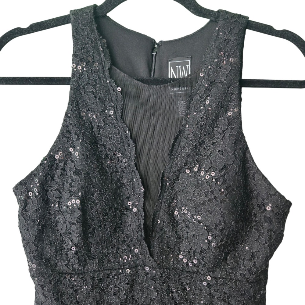 Nightway Black Lace Sequin Mini Dress V-Neck Mesh Party Size 6 Goth Glam‎